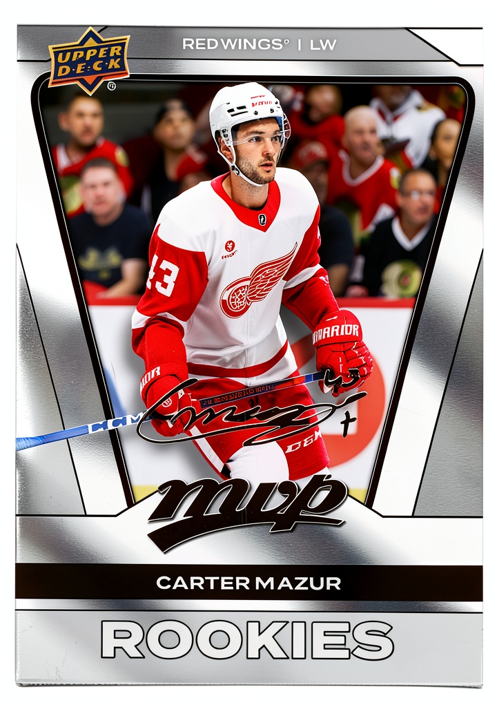 Detroit Red Wings Carter Mazur Upper Deck trading card displayed in a protective sleeve
