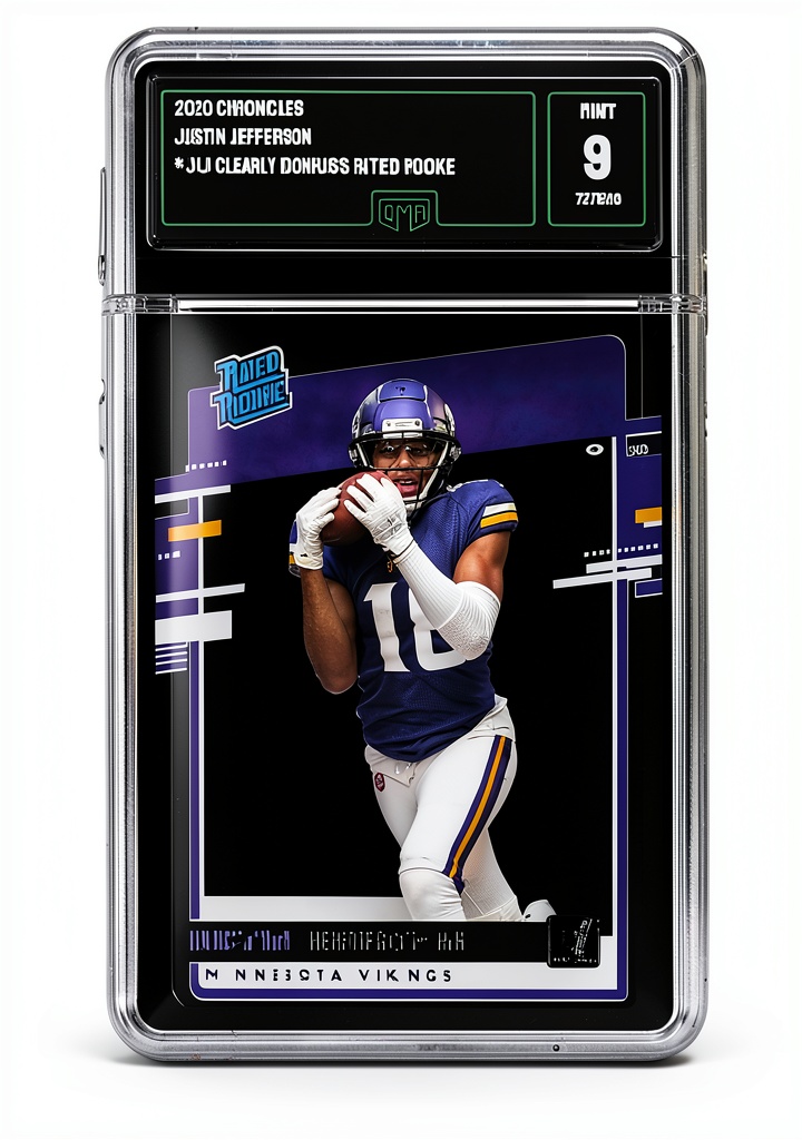 Installing Justin Jefferson Rookie Card MINT 9 GMA Graded Panini on a wooden desk